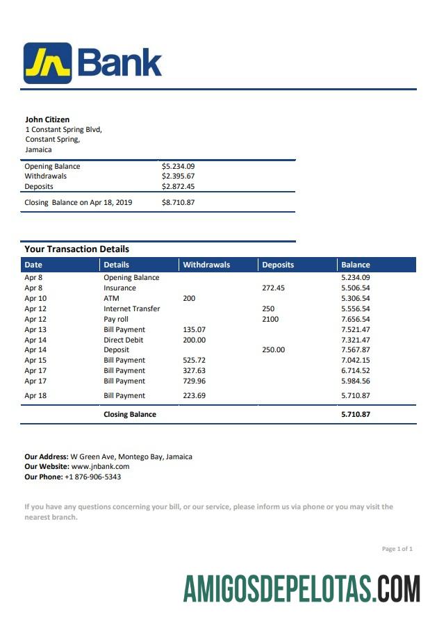 Jamaica National modelo de extrato bancário